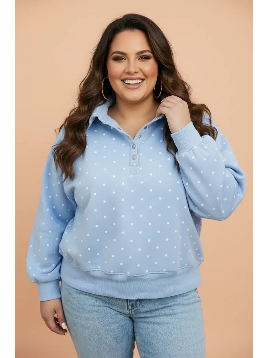 Polka Dot Buttoned V-Neck Sweatshirt - Curvy