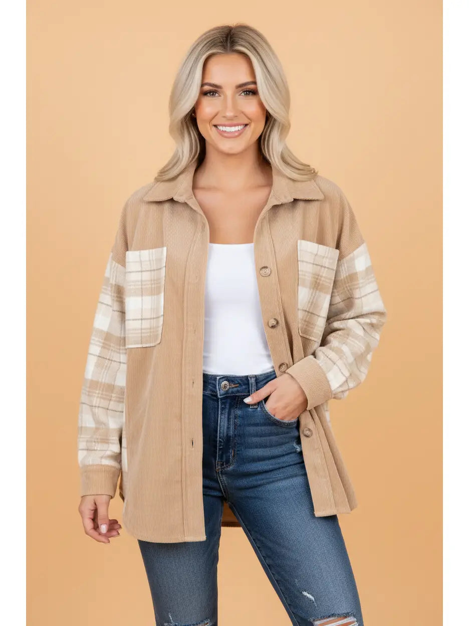 Beige Plaid Colorblock Shacket