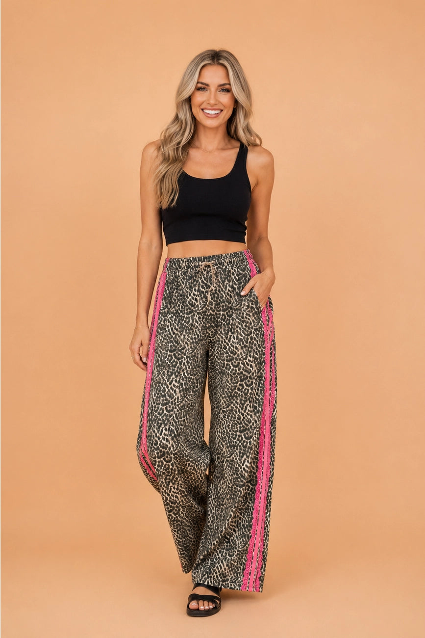 Leopard Pink Stripe Drawstring Pants