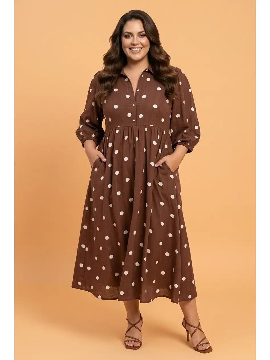Polka Dot V Neck Pocketed Midi - Curvy