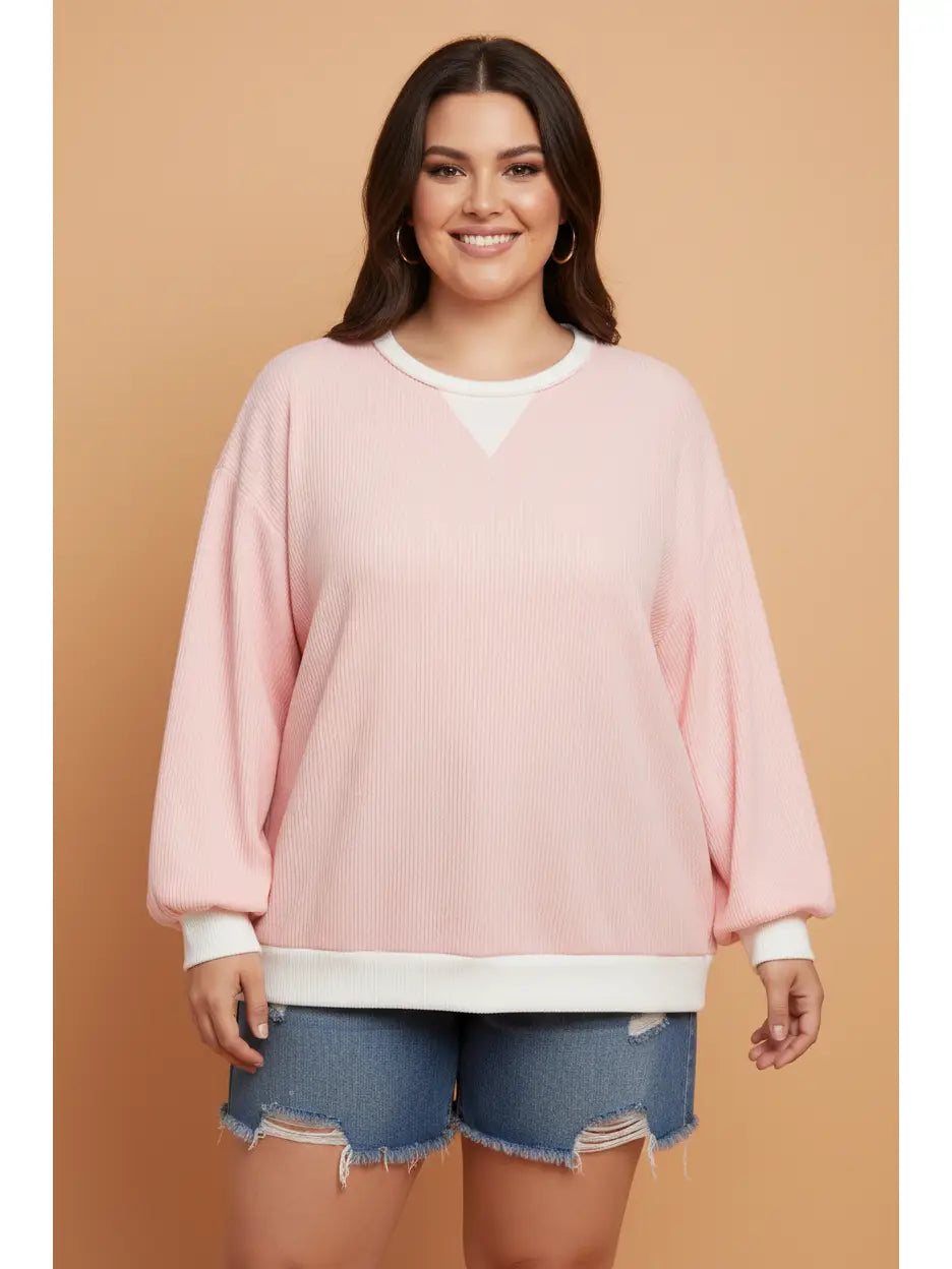 Pink Ribbed Knit Long Sleeve Blouse - Curvy