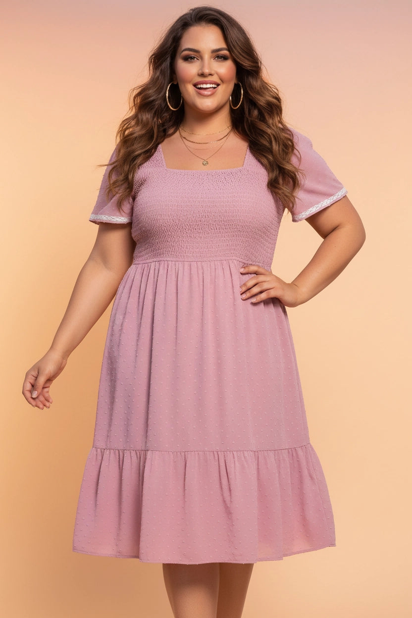 Mauve Swiss Dot Smocked Dress - Curvy