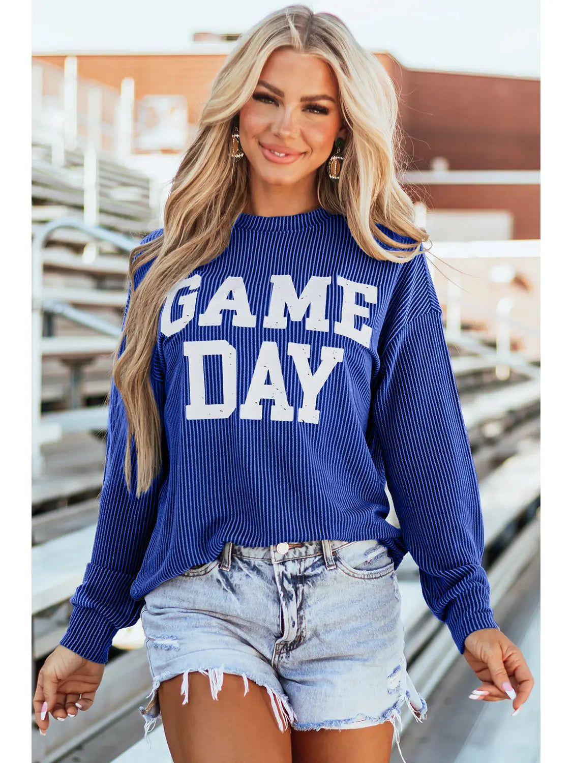 Ribbed Blue Game Day Crewneck Top