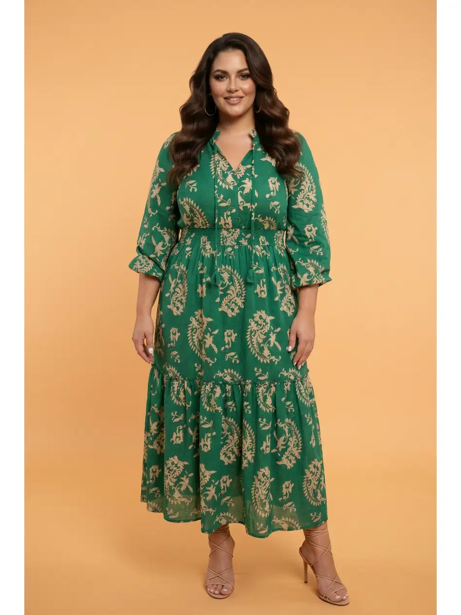 Green Floral Puff Sleeve Midi Dress - Curvy