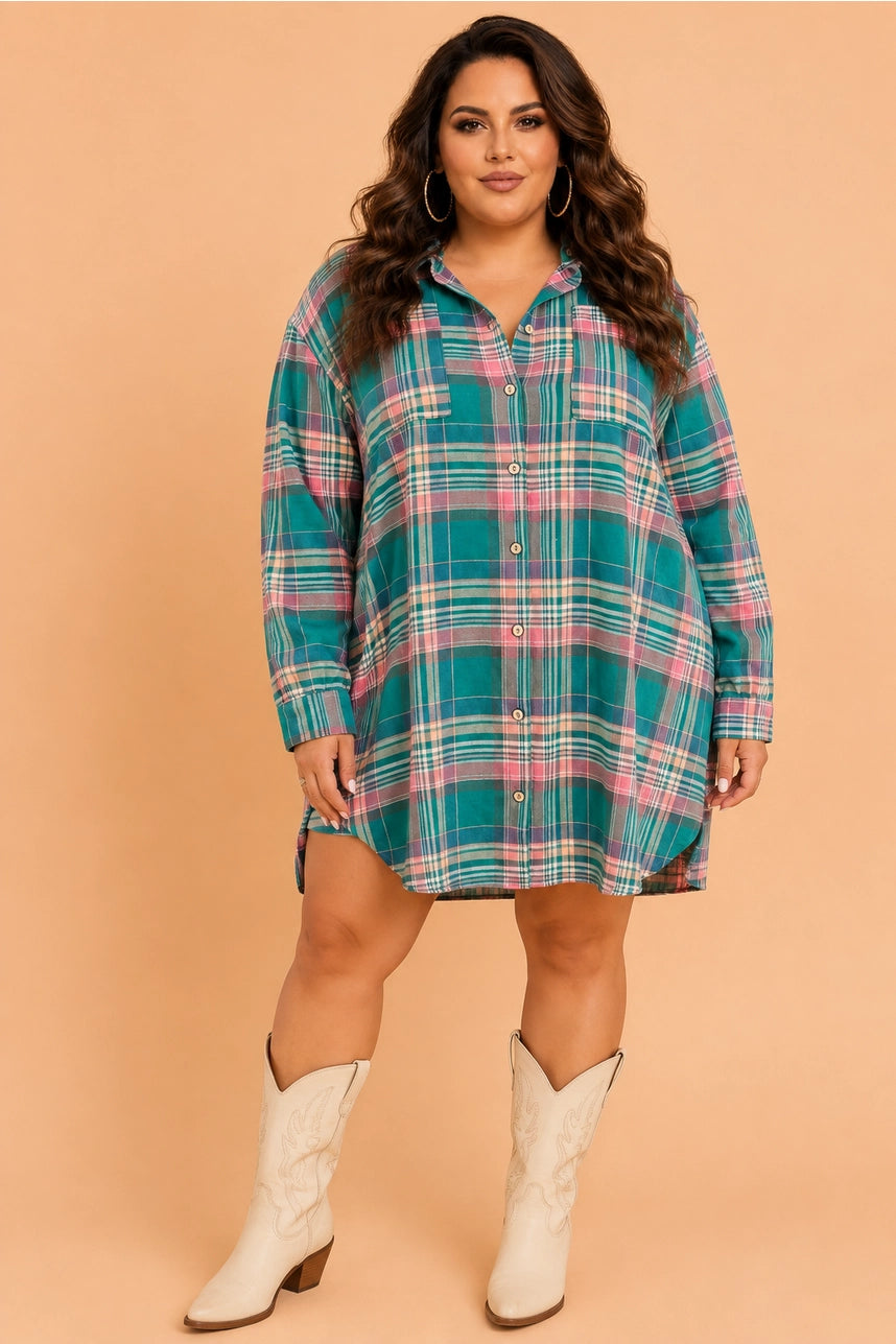 Green Plaid Buttoned Shirt Dress - Curvy