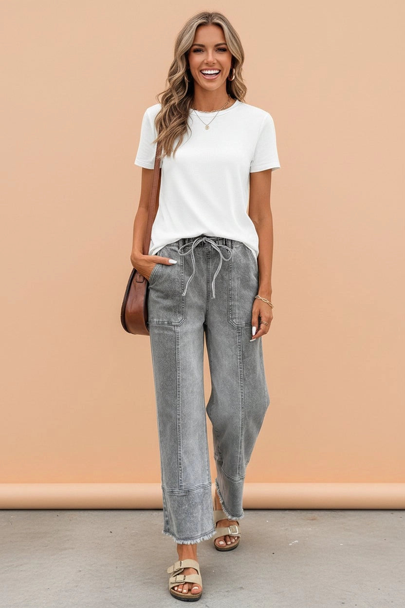 Gray Denim Raw Hem Wide Leg Pants