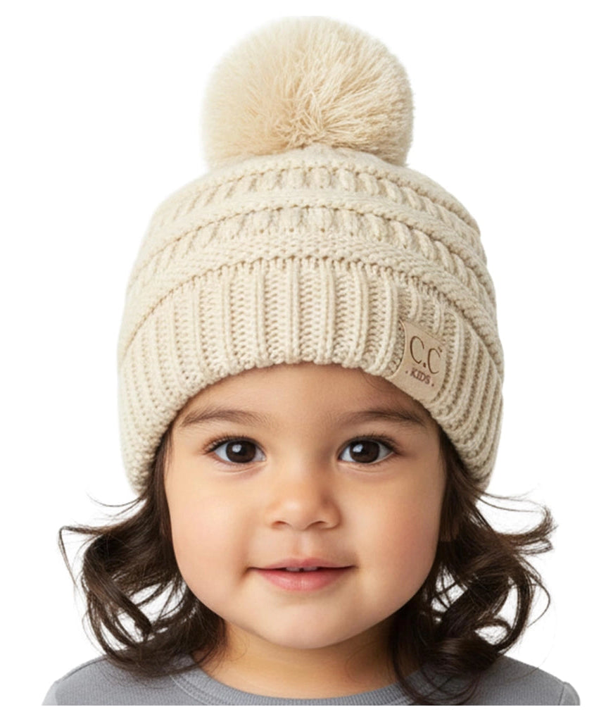 Toddler/Kids Cable Knit Pom Beanie - Beige
