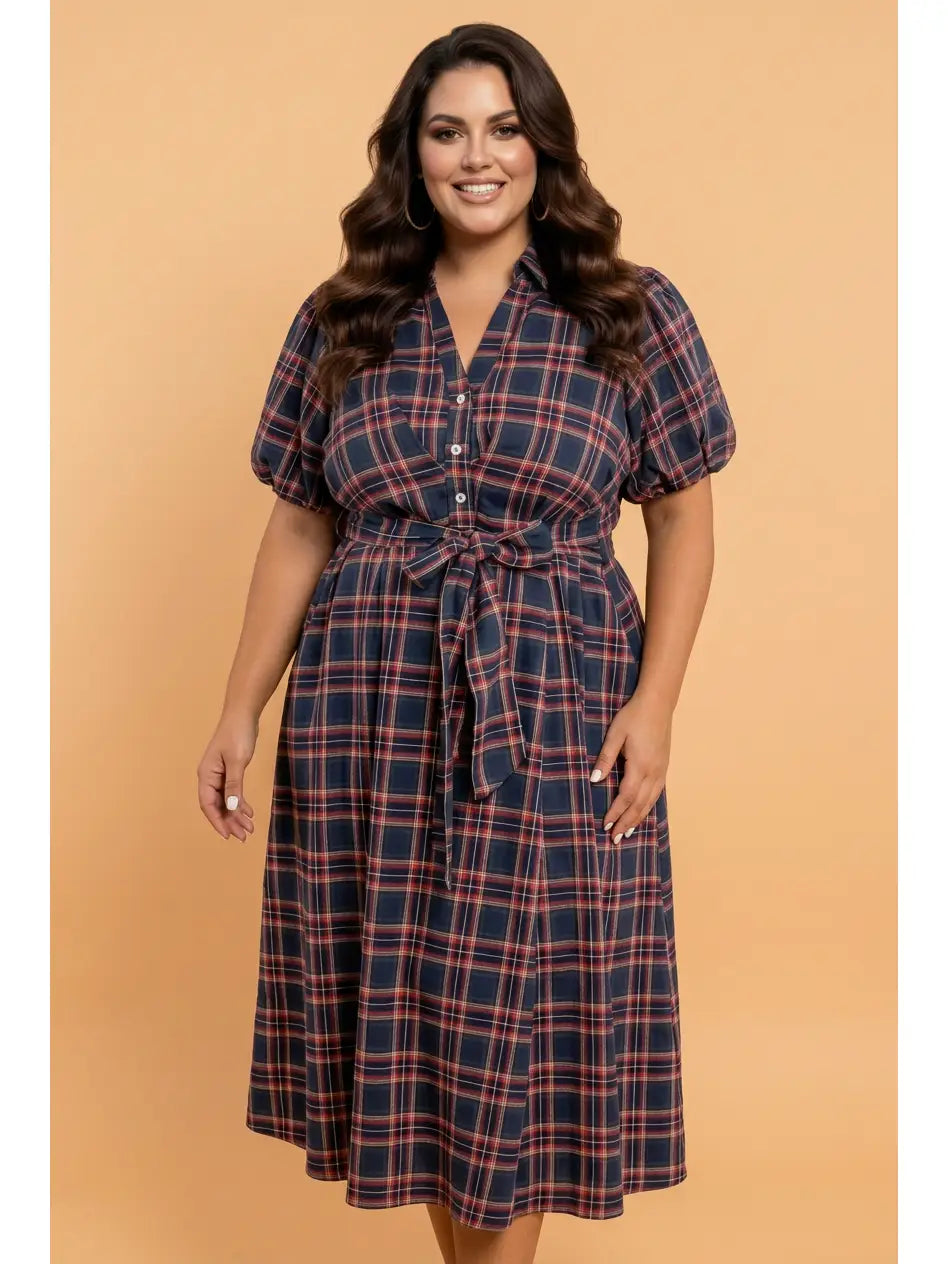 Navy Plaid Tie Dress - Curvy