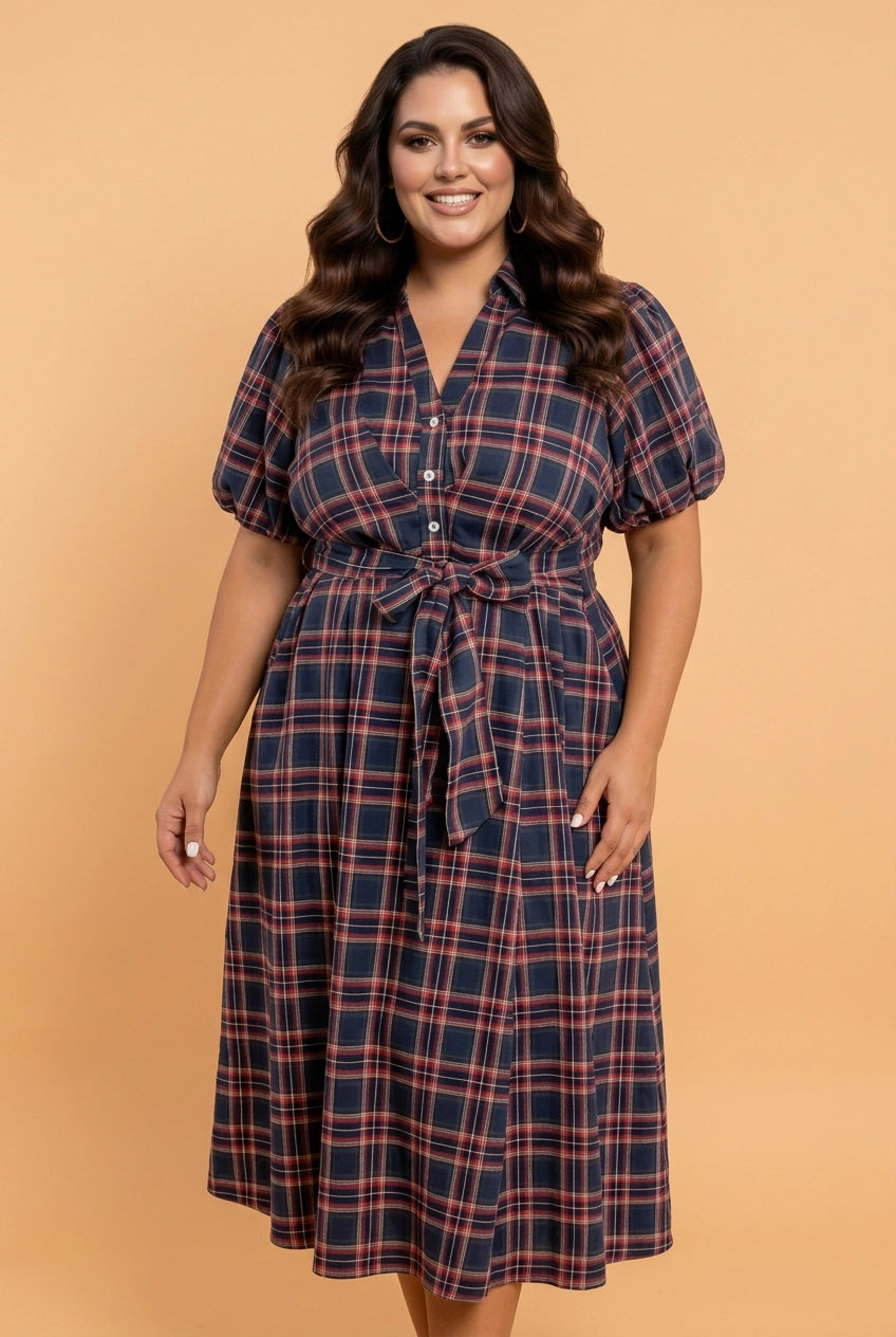 Plaid V-Neck Belted Waist Dress - Curvy