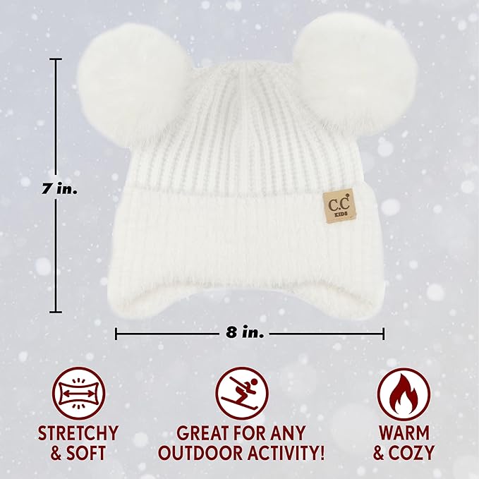 Toddler/Kids Double Pom Chenille Earflap Beanie - White