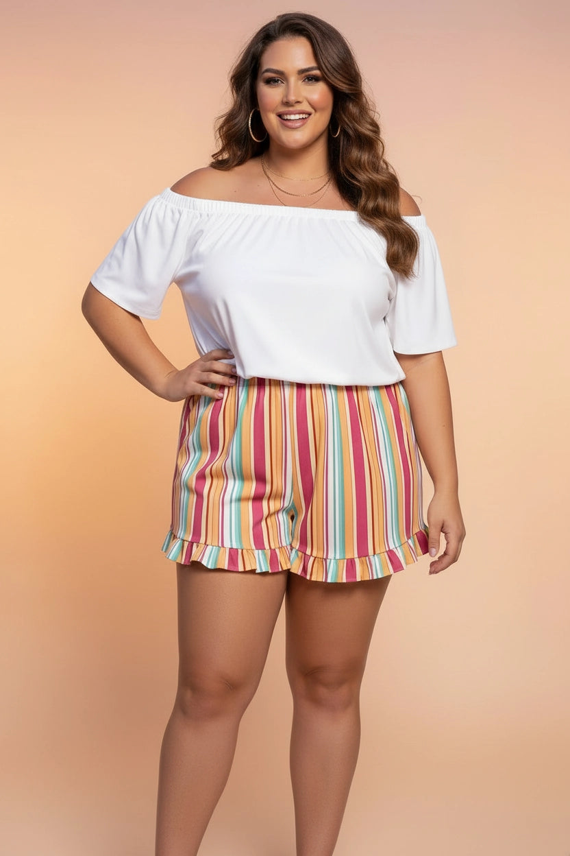 Multicolor Stripe Elastic Waist Shorts - Curvy