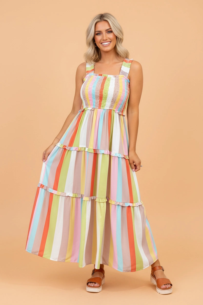 Multicolor Stripe Shirred Ruffle Tiered Maxi