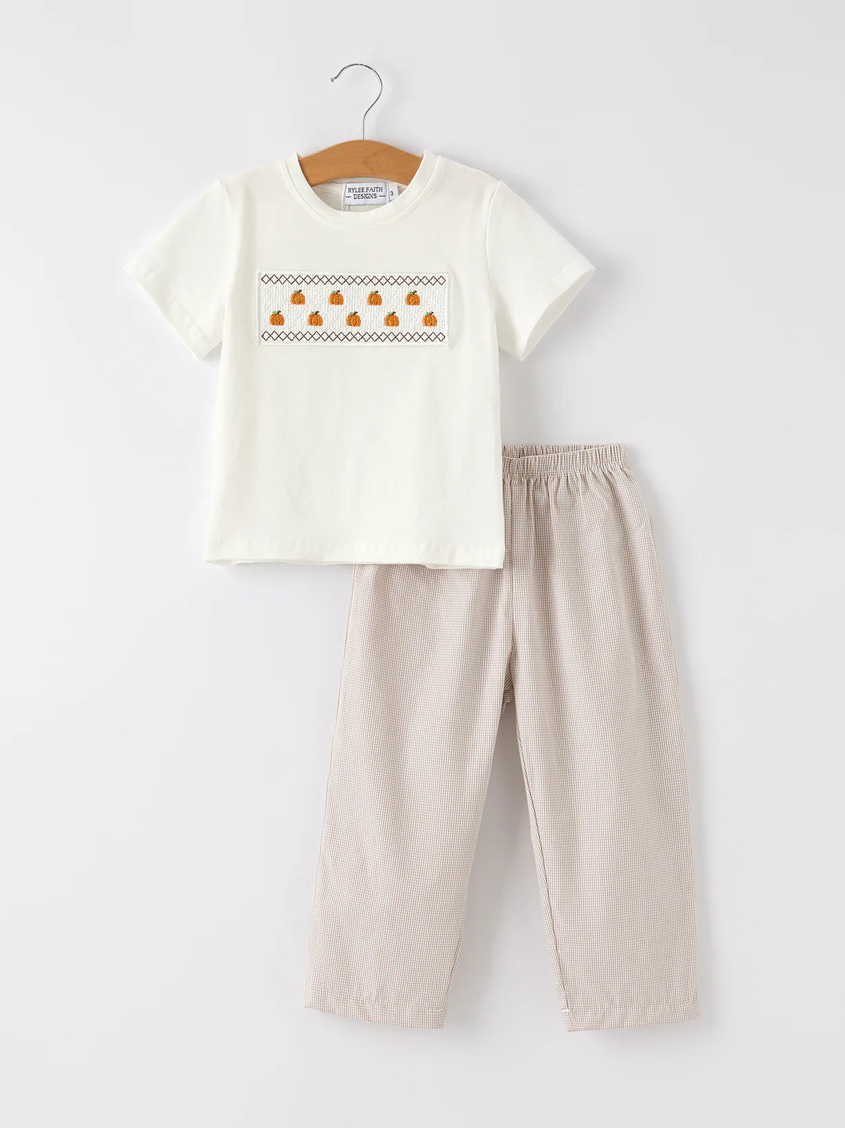 Beige Plaid Smocked Pumpkin Tee & Pants