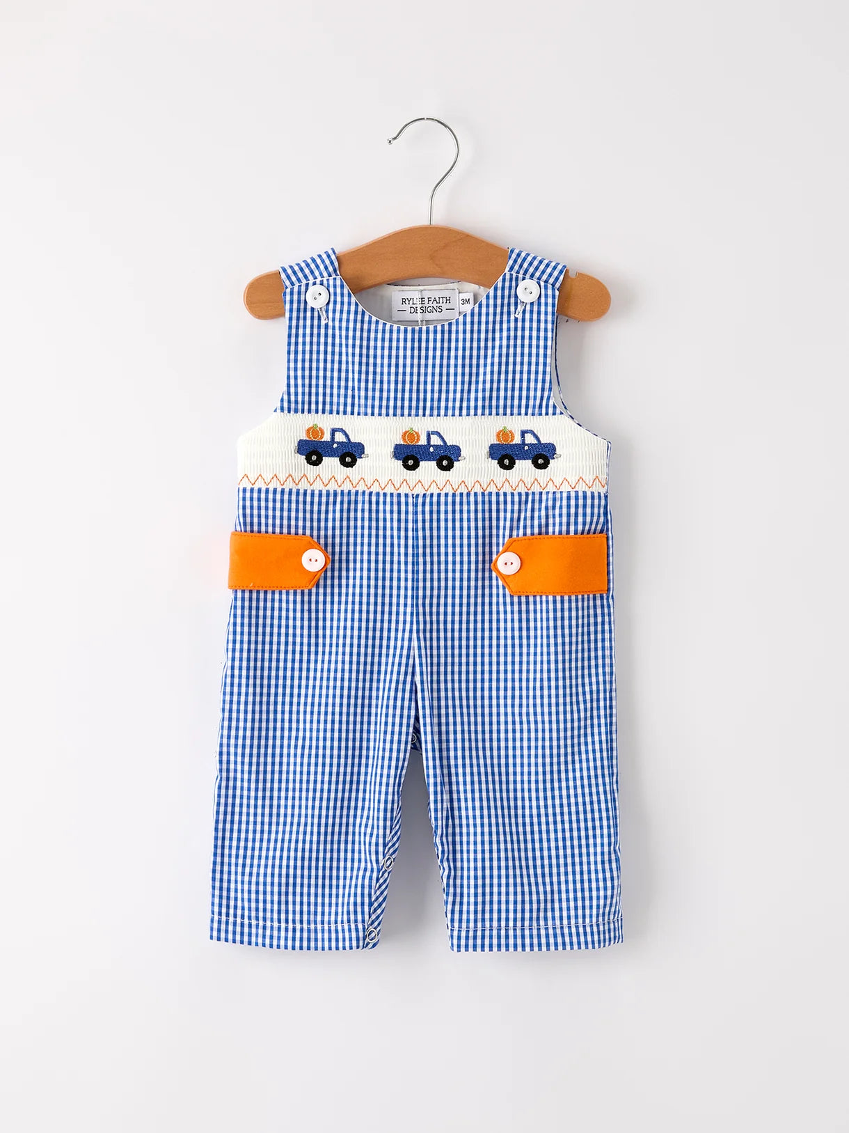 Blue Plaid Pumpkin Truck Smock Embroidered Shortie