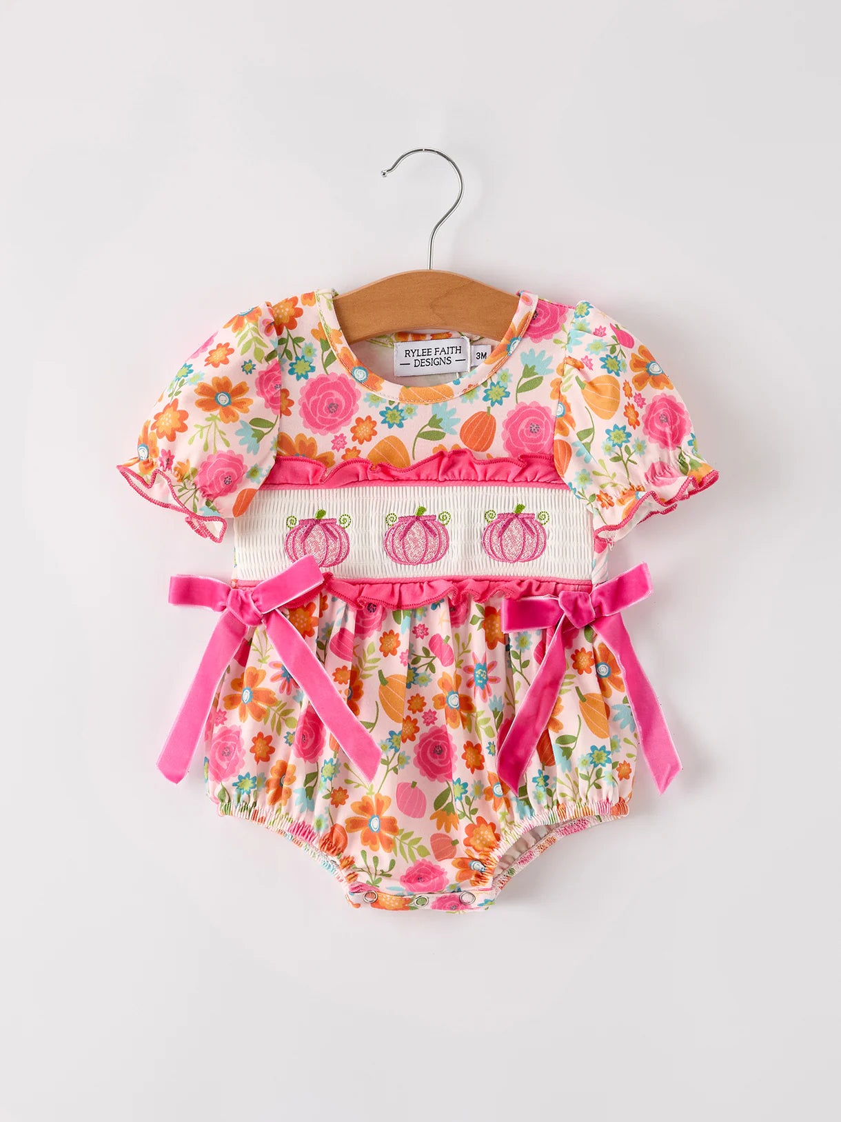Pink Pumpkin Embroidery Smock Floral Romper