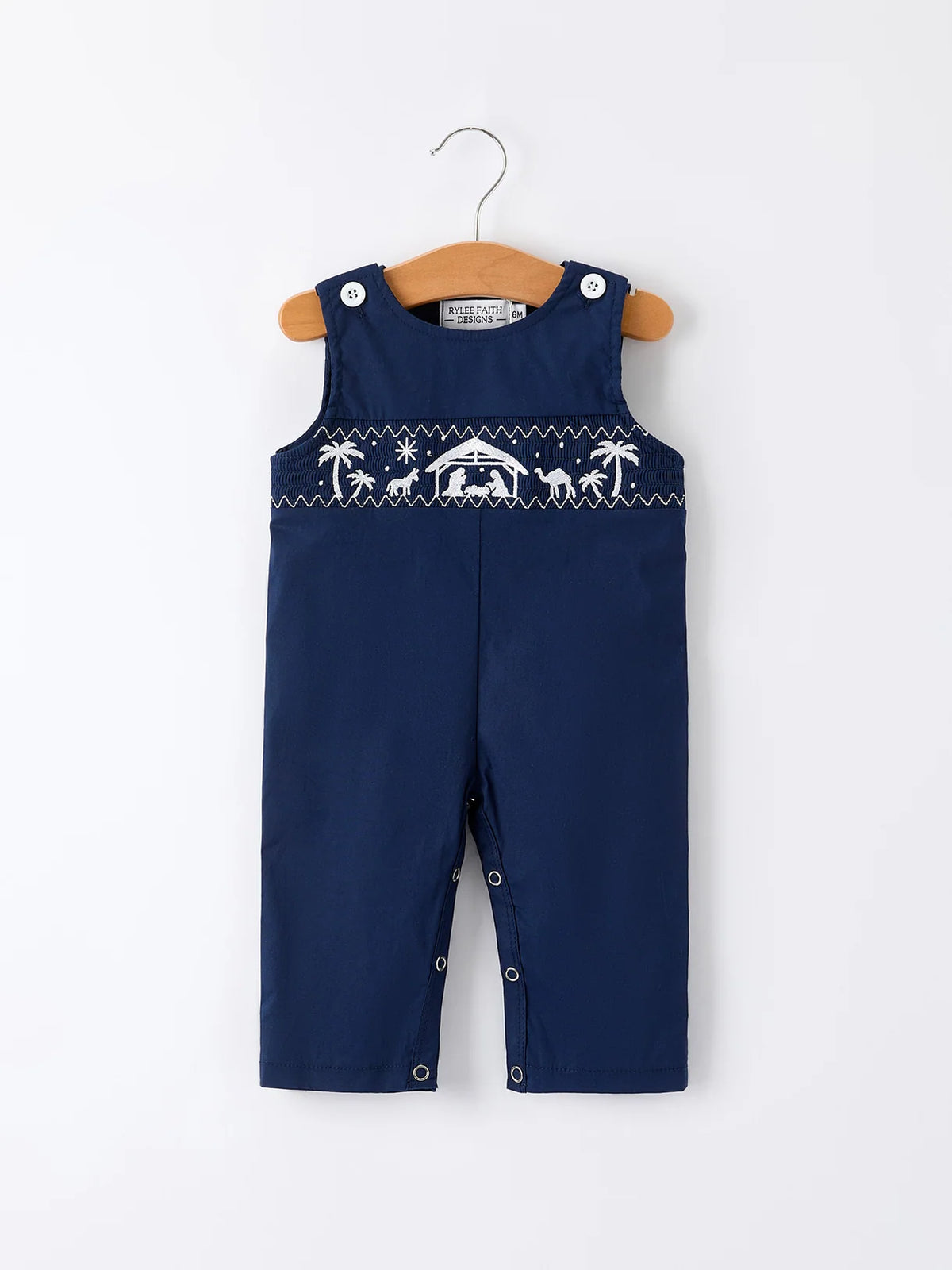 Navy Nativity Embroidery Overall Romper