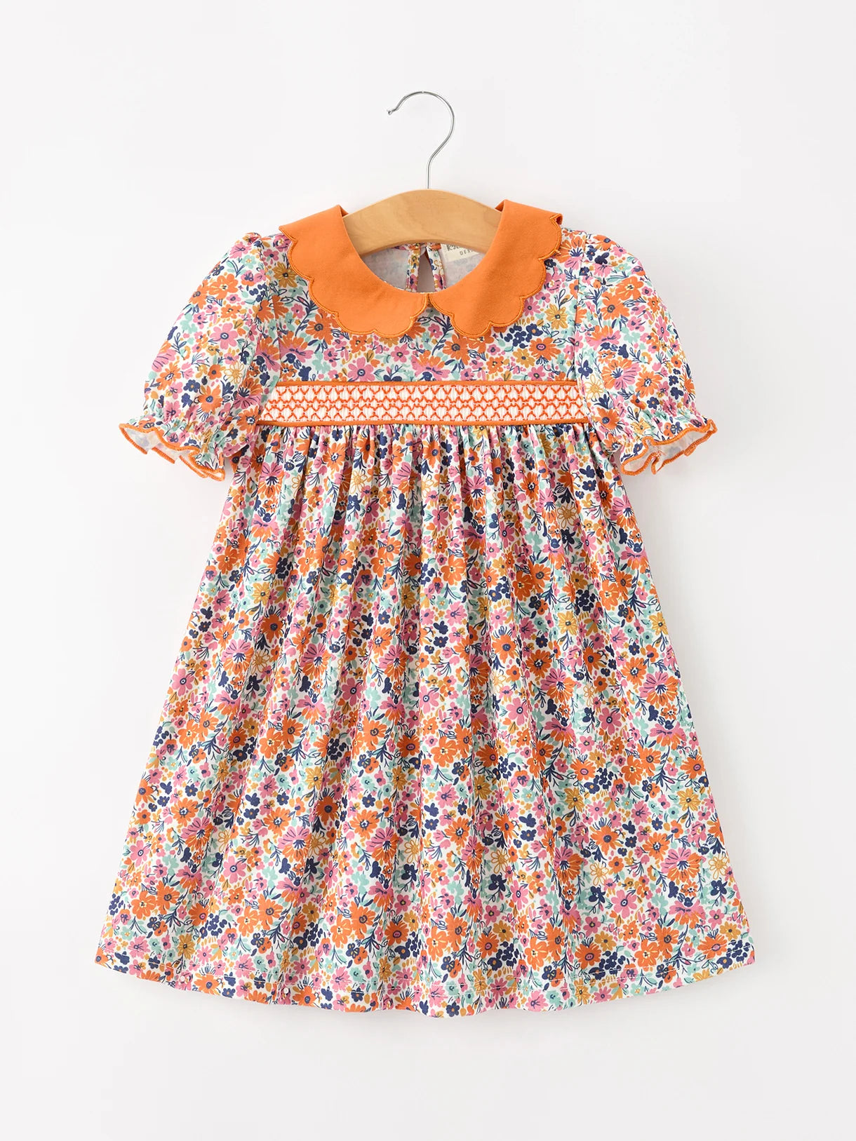 Orange Fall Floral Smocked Petals Collar Dress