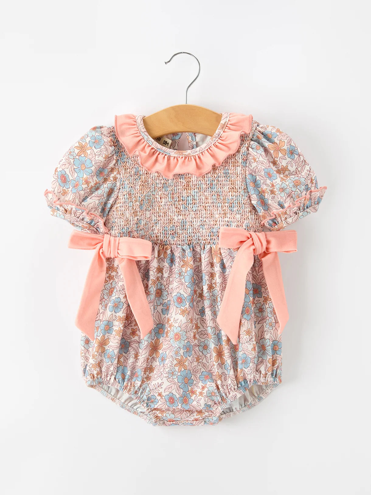Blue & Peach Floral Smocked Ruffle Neck Romper