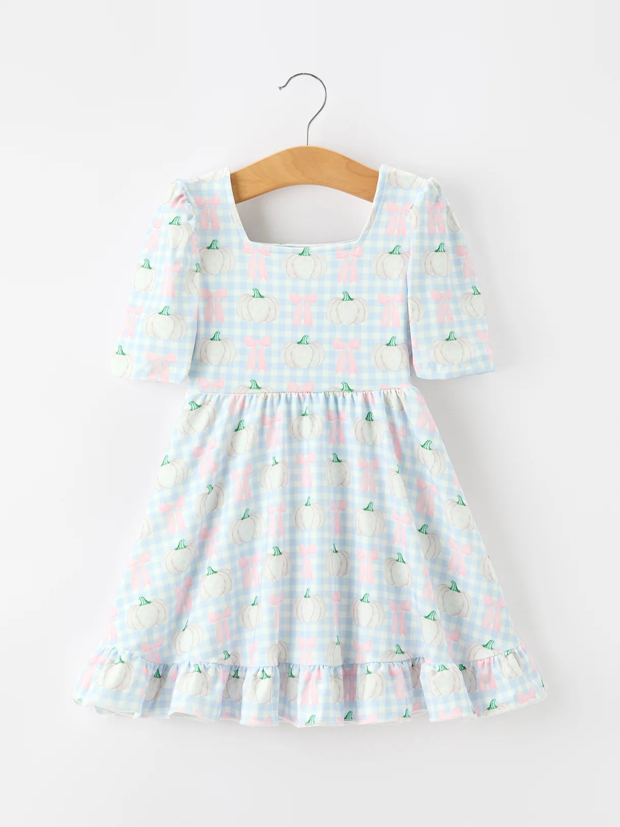 Blue Plaid Pumpkin Bow Ruffle Hem Dress