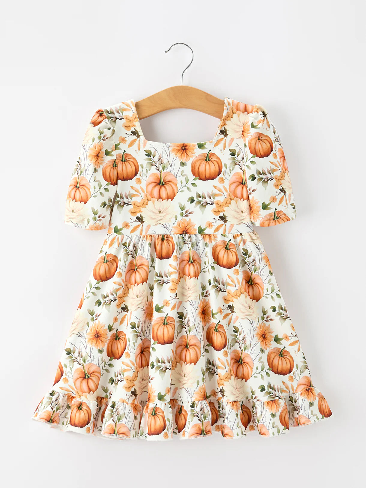 Fall Pumpkin Floral Ruffle Hem Dress