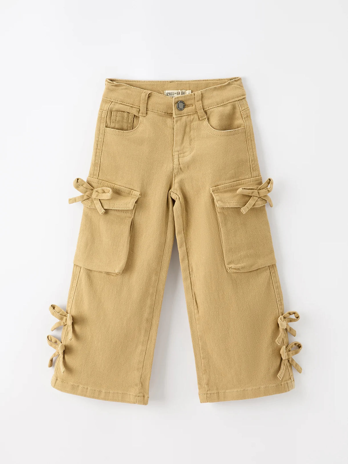 Cargo Wide-Leg Khaki Denim with Mini Bows