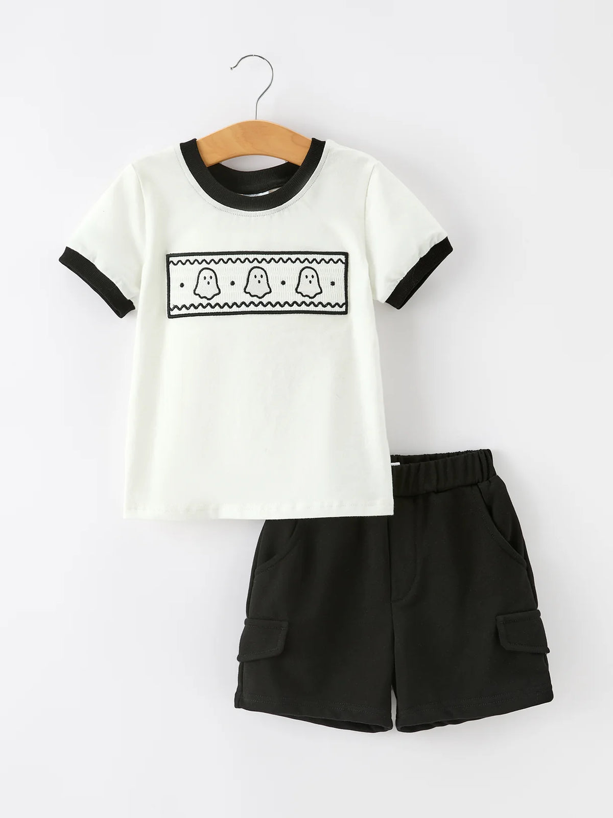 Black & White Ghost Smocked Shirt & Shorts