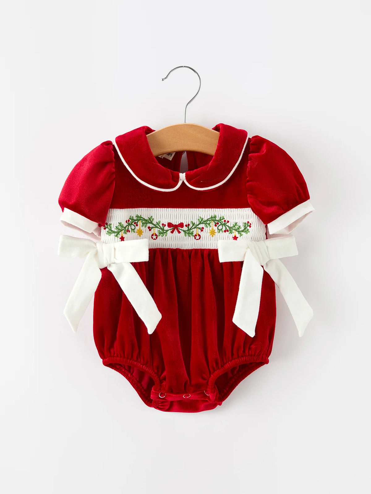 Red Velvet Embroidered Floral Smocked Romper