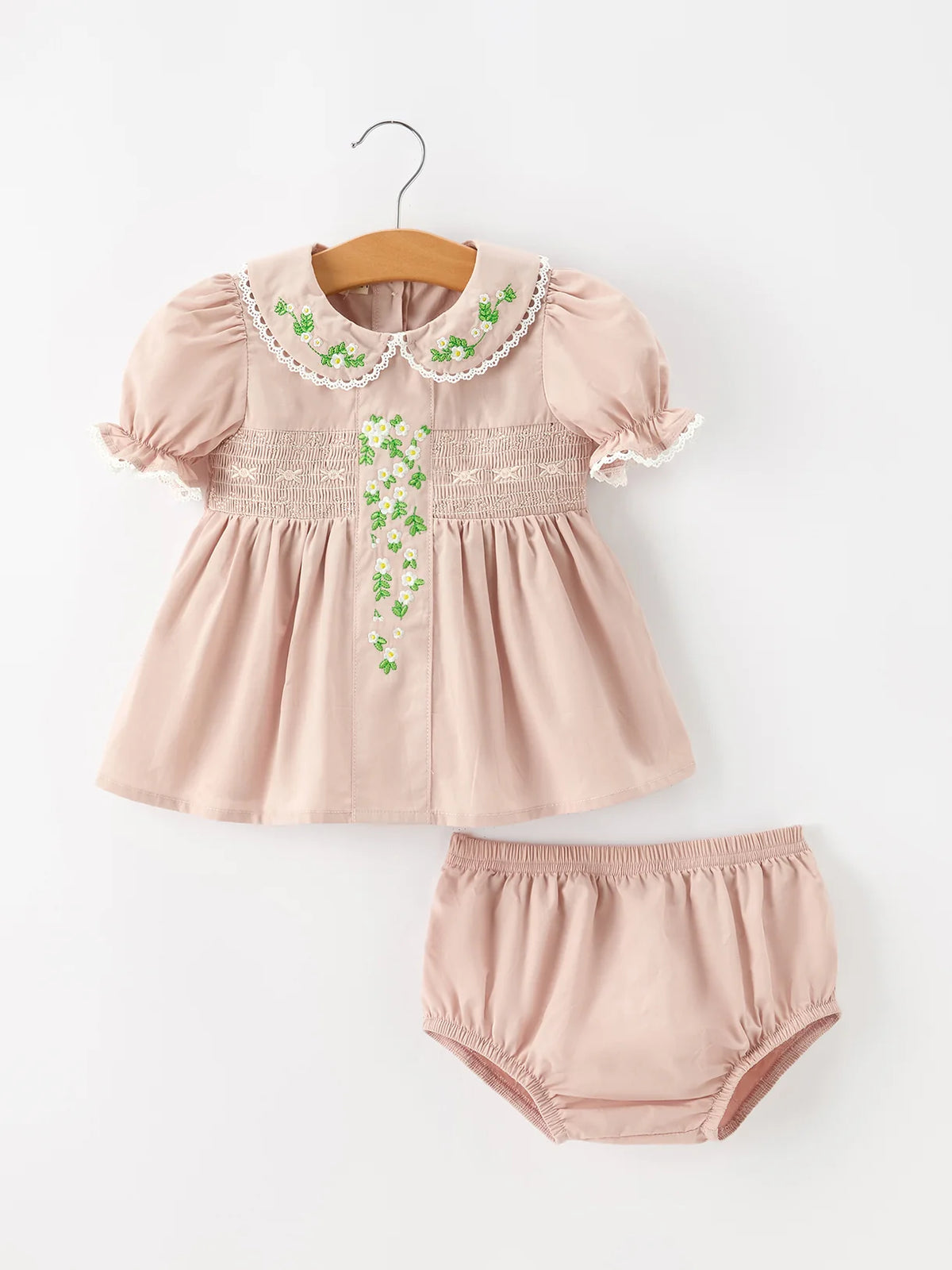 Tan Embroidered Floral Smocked Top & Bloomers