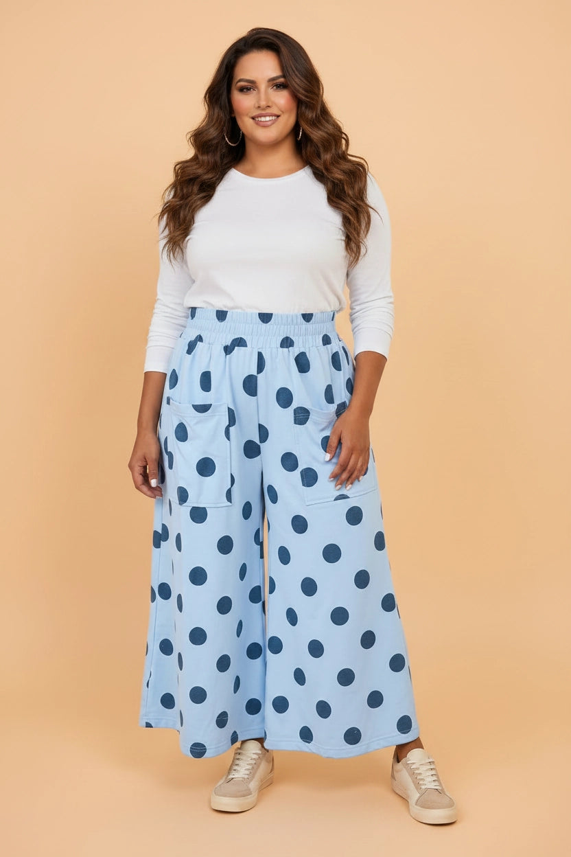 Blue Polka Dot Wide Leg Pants - Curvy