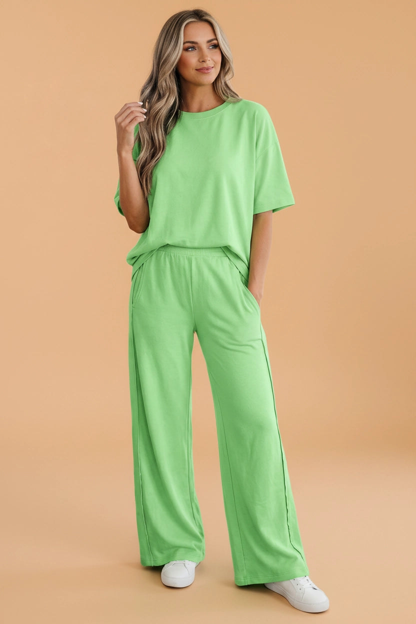 Lime Green Oversize Tee & Wide Leg Pants Set