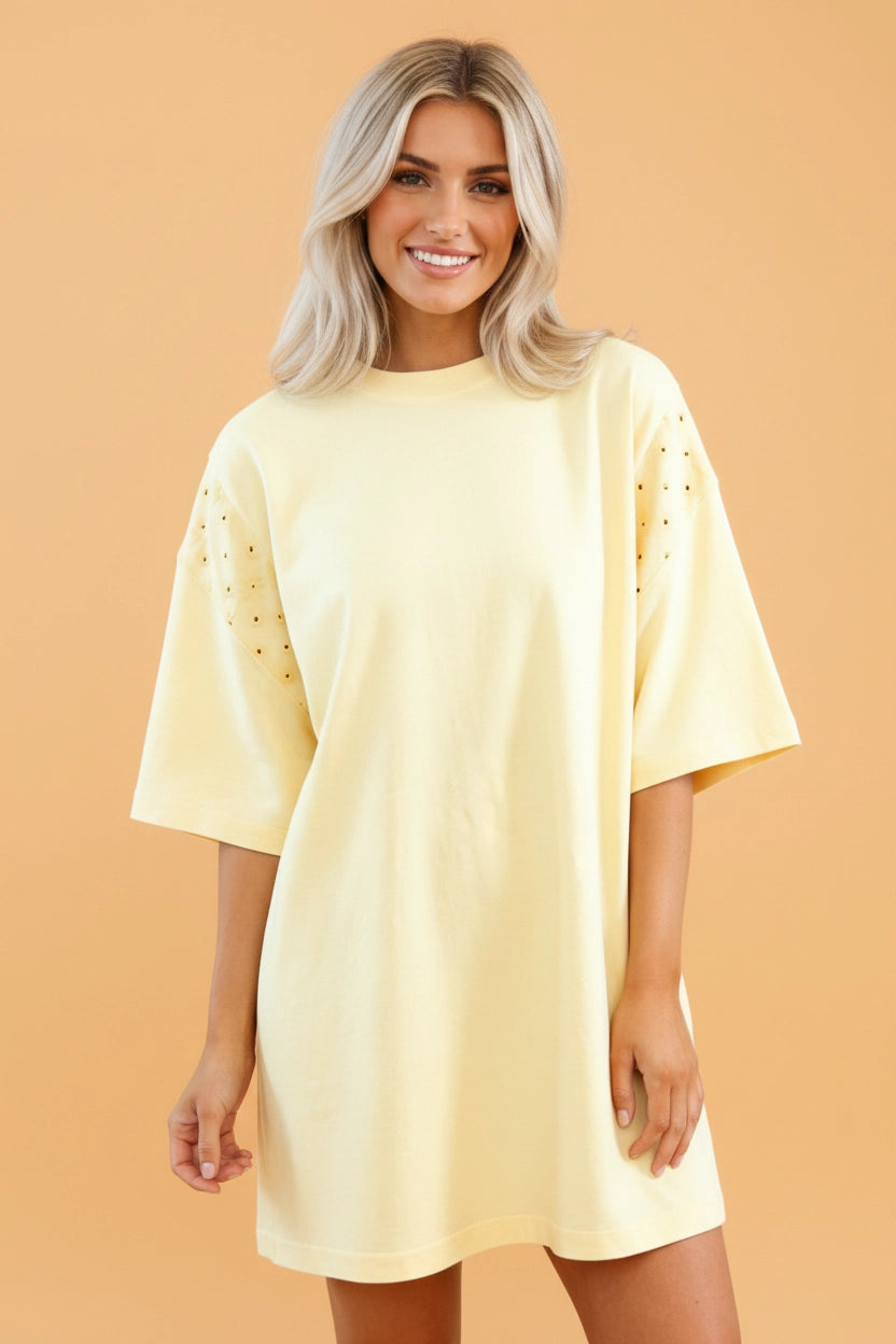 Butter Yellow Emborodered Eyelet T-Shirt Dress