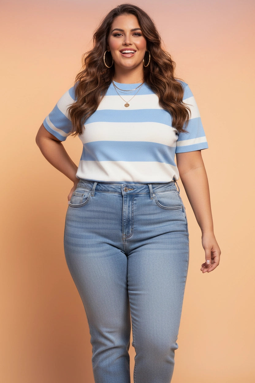 Sky Blue Striped Tee - Curvy