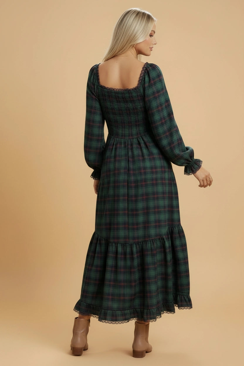 Green Plaid Lace Trim Maxi