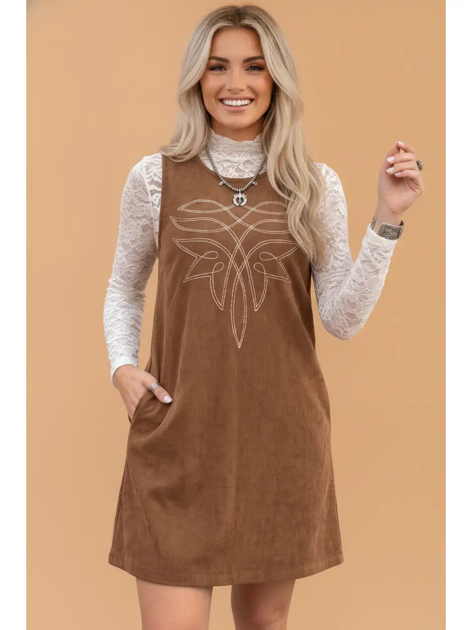Western Embroidered Corduroy Dress