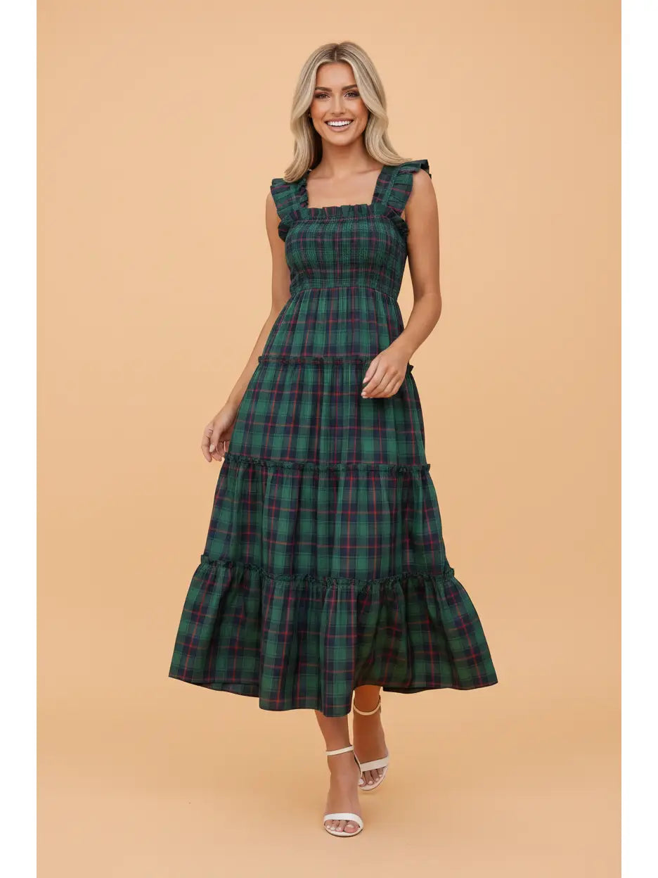 Ruffle Shirred Tiered Midi Dress