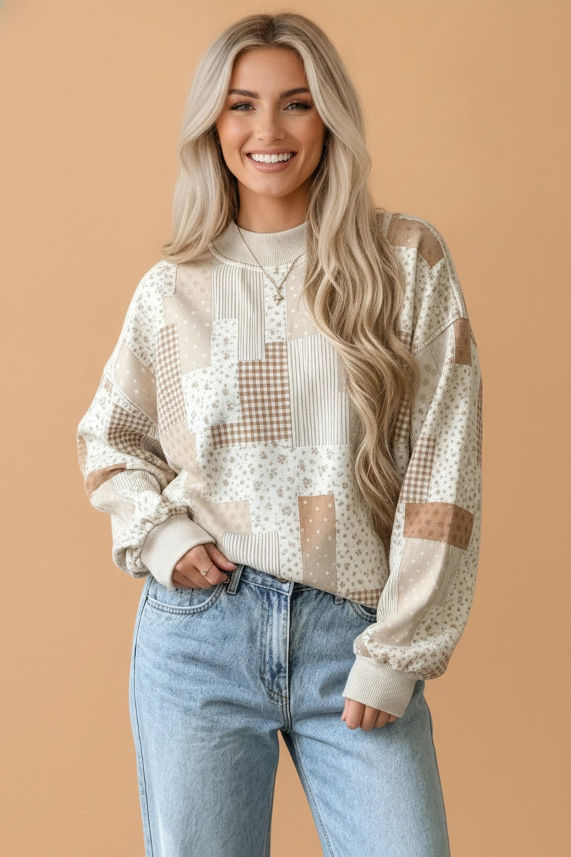 Khaki Floral Patchwork Mock Neck Sweatshirt