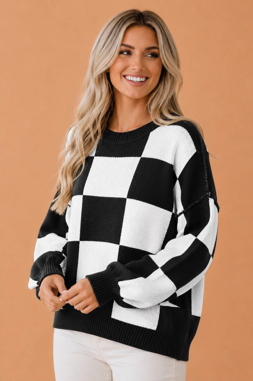 Black Checker Exposed Seam Drop Shoulder Sweater