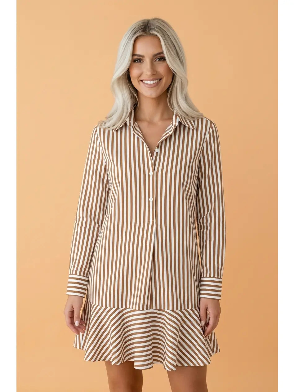 Brown Stripe Ruffle Hem Long Sleeve Dress