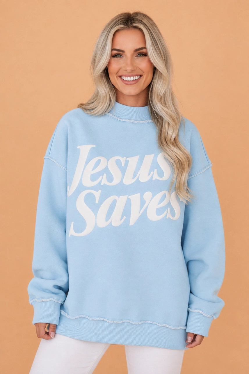 Jesus Saves Blue Mock Neck