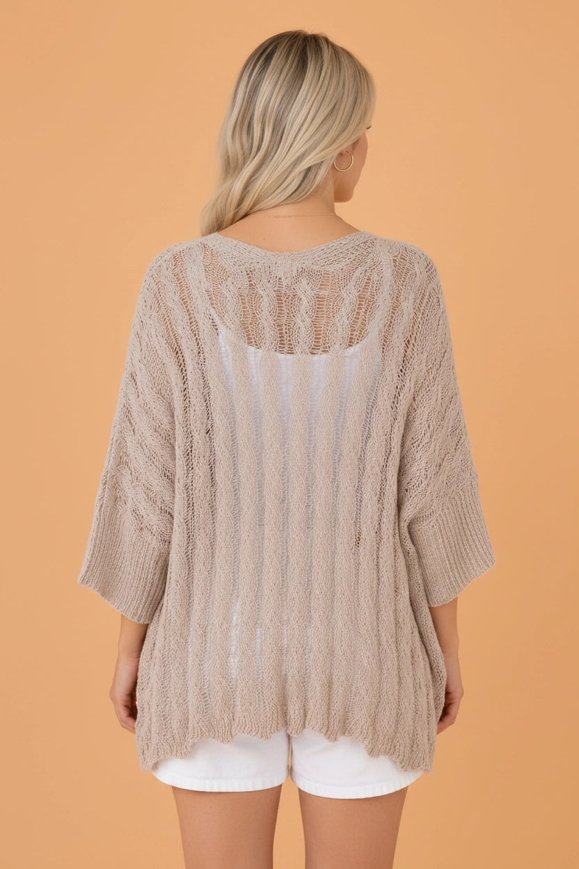 Brown Hollowed Knit Drop Shoulder Open Cardigan