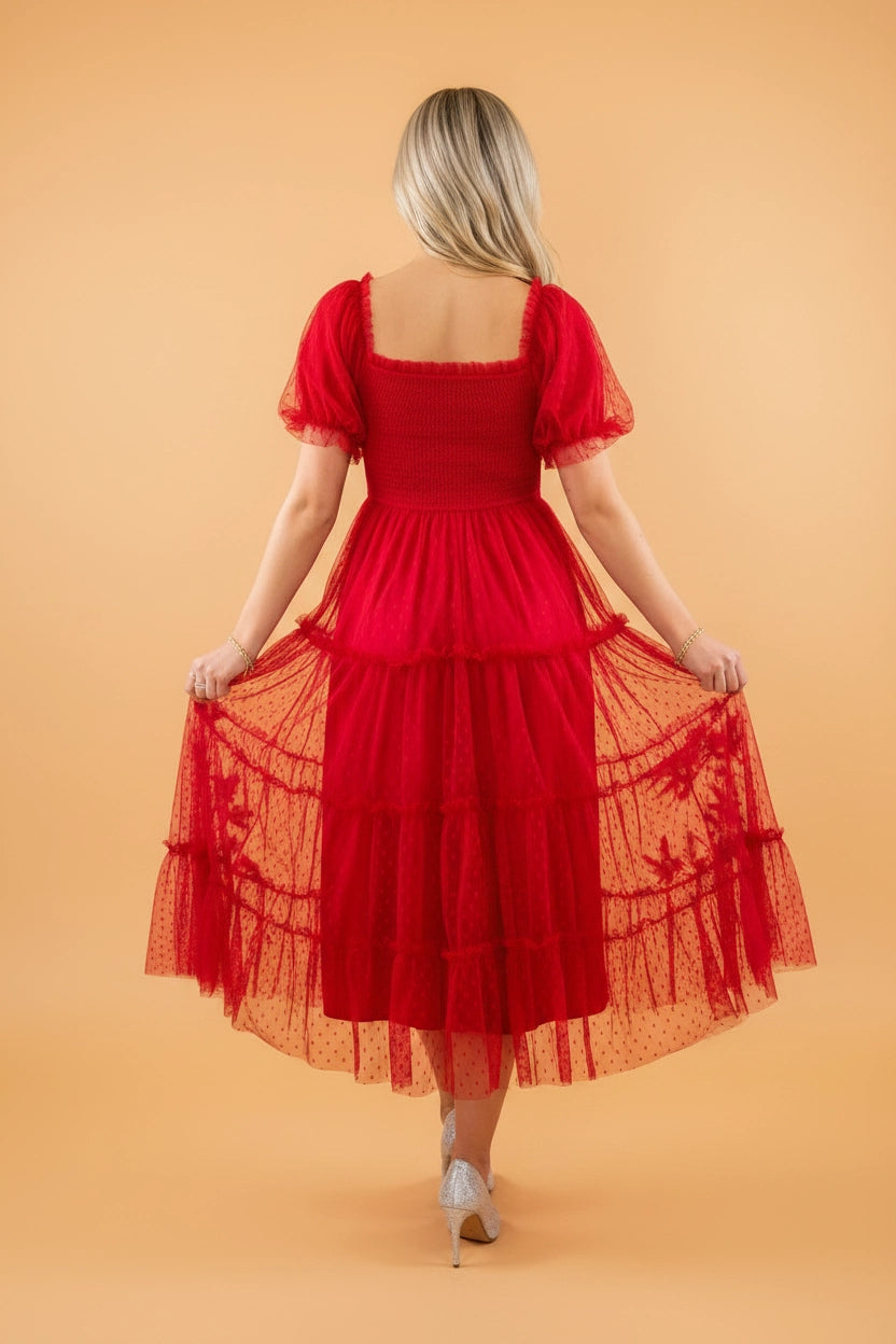 Red Swiss Dot Tulle Puff Sleeve Midi Dress