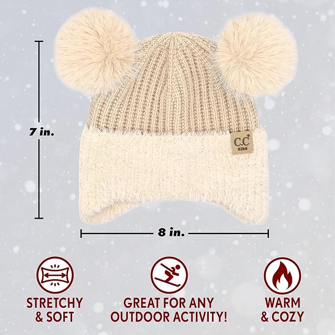 Toddler/Kids Double Pom Chenille Earflap Beanie - Beige
