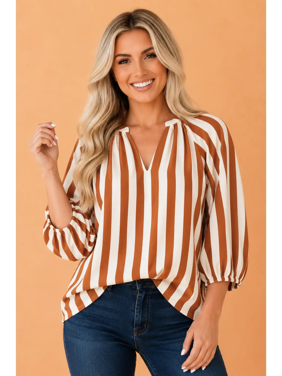 Brown Striped Puff Sleeve Blouse