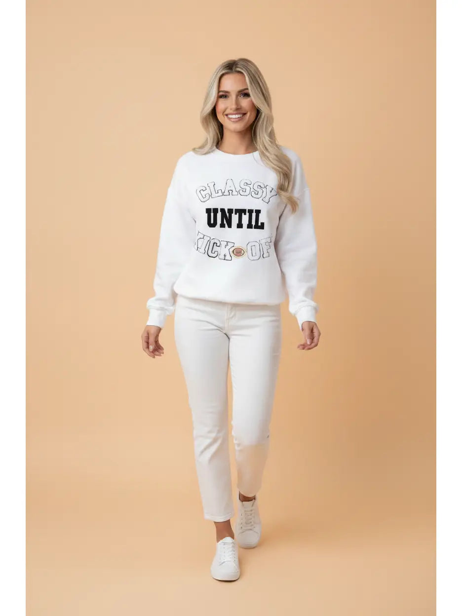 Classy Until Kick-off White Sweatshirt