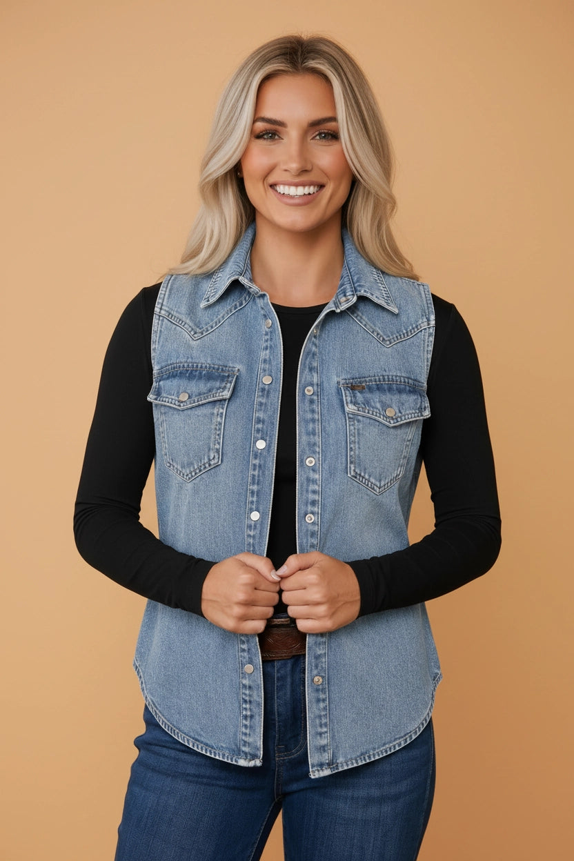 Denim Buttoned Pocket Vest