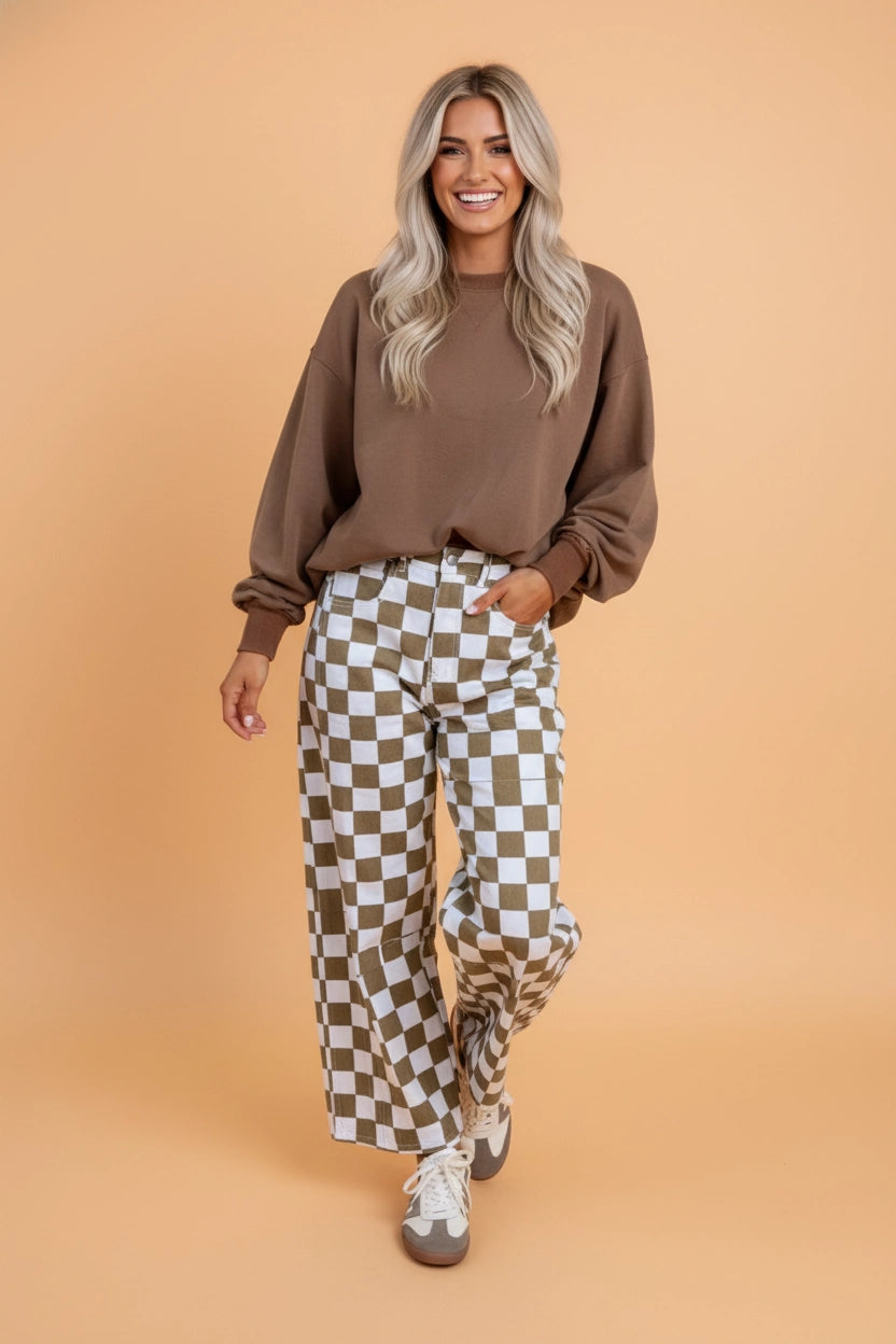 Brown & White Checkered Pants