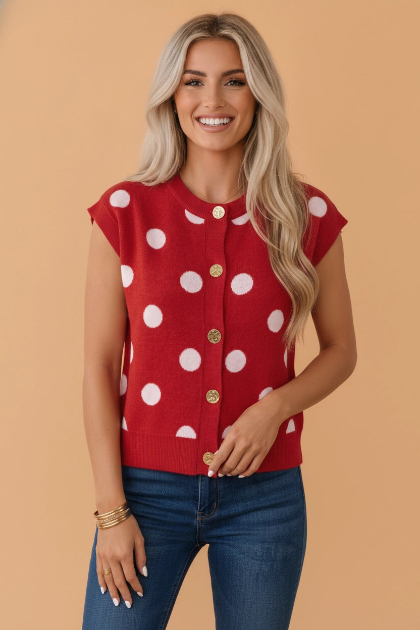 Red Polka Dot Buttoned Sweater