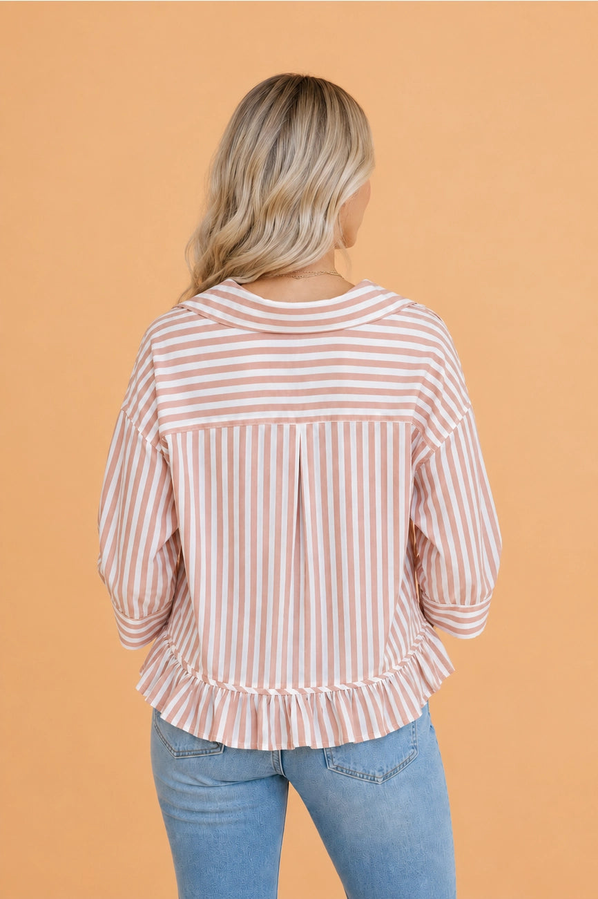 Khaki Stripe Ruffle Buttoned Shirt