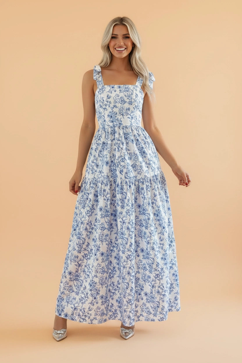 Light Blue Floral Tie Strap Flared Maxi Dress