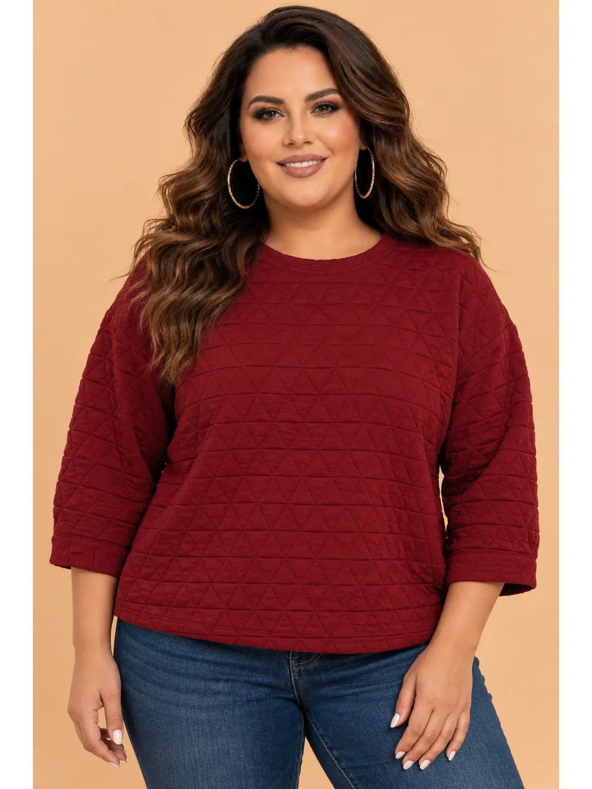 Deep Red Quilted 3/4 Puff Sleeve Blouse - Curvy